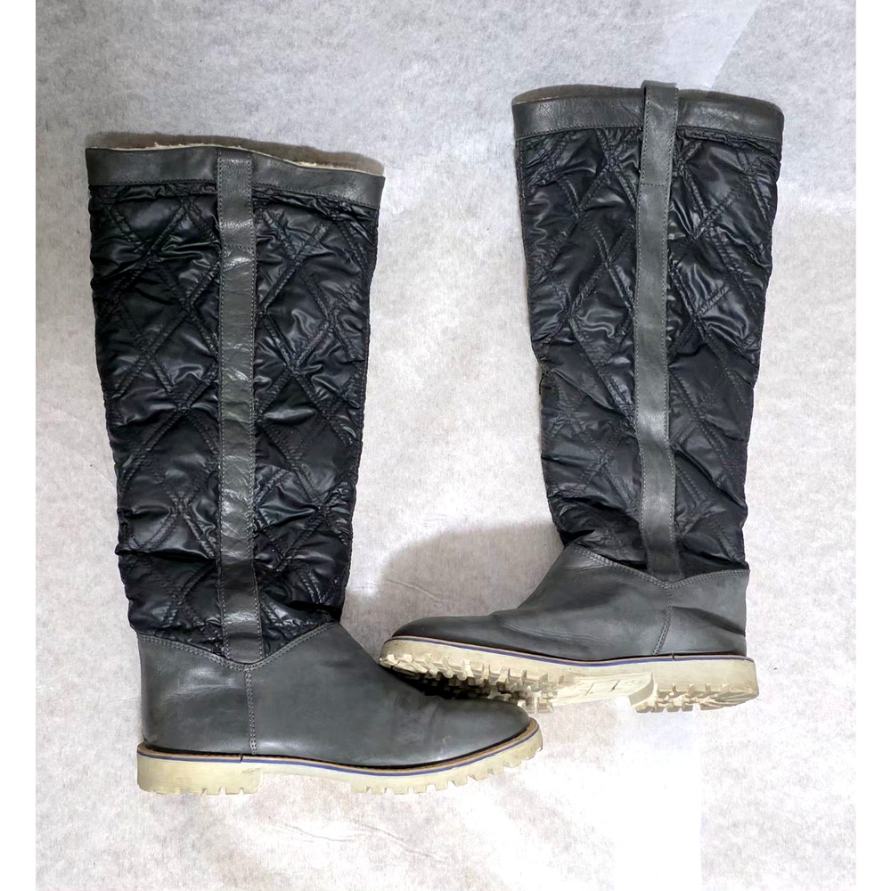 Pier One Grey Leather & Quilted Nylon Winter Tall Boots Boho Chic Size 9 (EU 39)